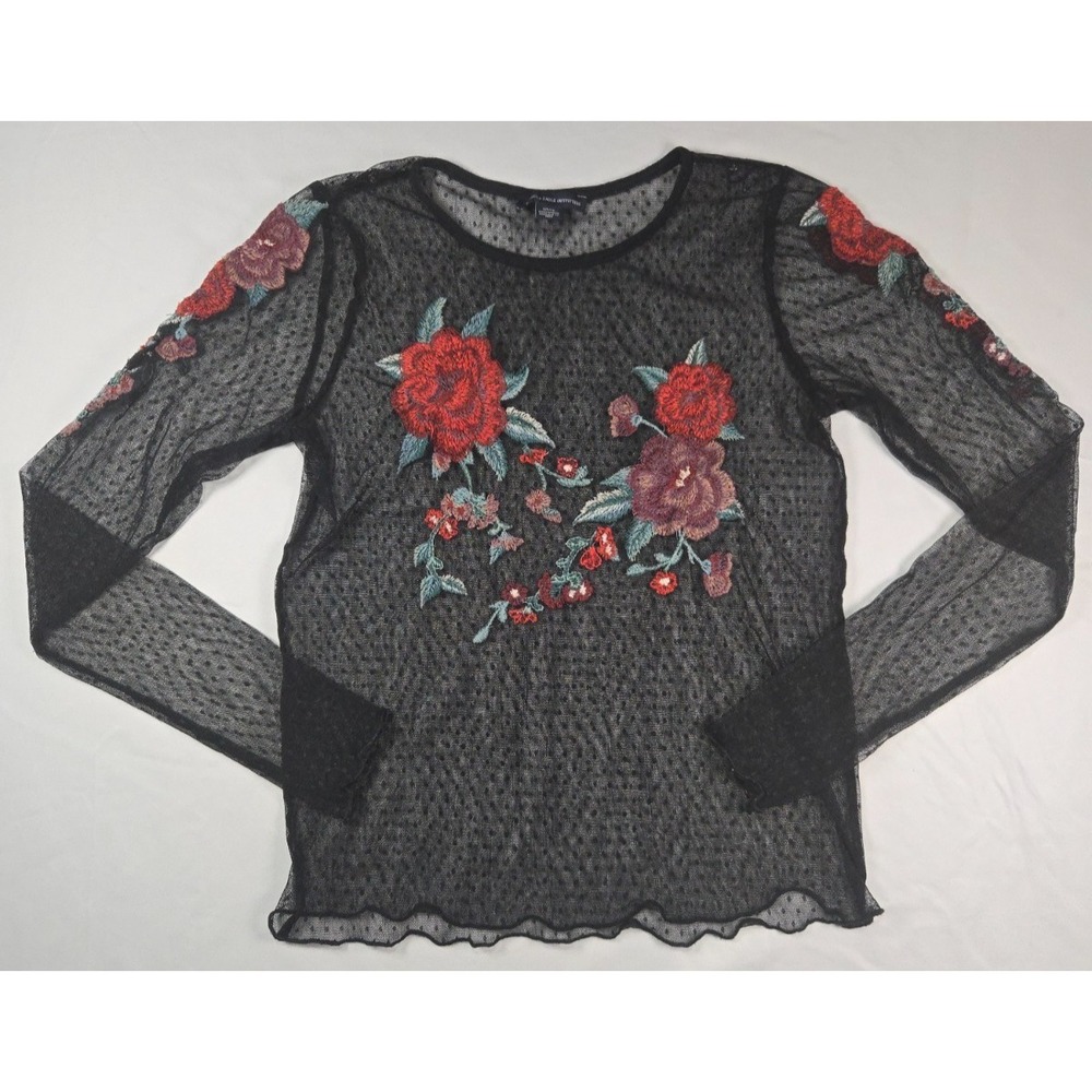 Sheer Mesh Embroidered Floral Rose Top Sz S Whimsigoth Fairy Grunge Y2K Goth - Picture 6 of 11